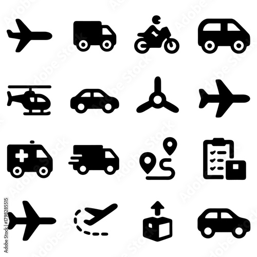 Diverse Transportation Icons: A set of detailed icons representing various modes of transport, ready to add visual appeal to your project, encompassing air, road, and maritime travel.