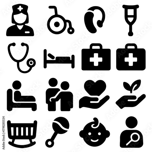 Healthcare Icons: A comprehensive set of illustrative icons symbolizing various aspects of healthcare, encompassing medical personnel, medical tools and patient care.