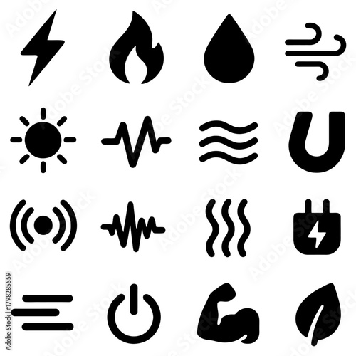 Energy Icons Set: A comprehensive collection of simplified icons representing diverse energy sources. From lightning bolts to flowing water.