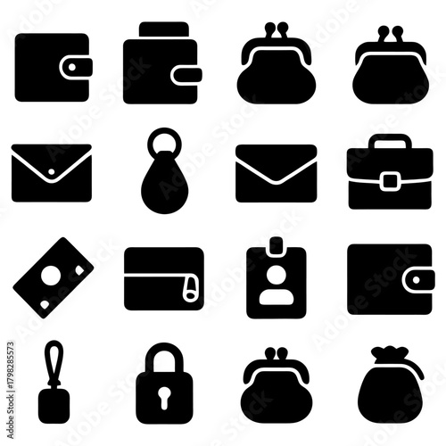 Wallet and Accessories Icon Set: A collection of sleek, minimalist icons depicting a variety of wallets and related accessories. Perfect for design projects focused on finance, banking.