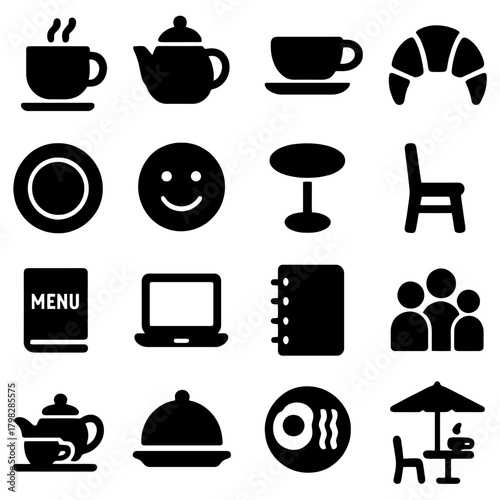 Restaurant Icon Set: This image is a collection of various restaurant and cafe icons, offering a glimpse into the culinary world and social gatherings.