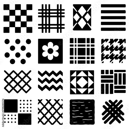 Geometric Texture Sampler: a detailed collection of 16 monochrome patterns. This visual feast offers a diverse array of repetitive patterns, each a unique study in lines, shapes, and forms. 