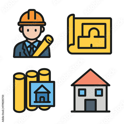 Architect and construction icons with blueprints and house designs