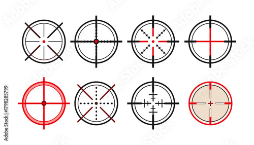Set of Target and Crosshair Icons: Various Reticle, Aiming, Sight, Scope, and Focus Symbols for Gaming, Shooting, Precision, and Accuracy Concepts