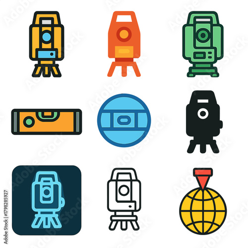 Colorful surveying equipment icons in modern geometric style