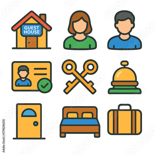 Guest house icons set featuring reception bell, room key, and id card