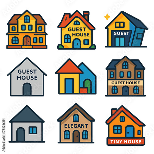 Colorful guest house icons set with modern and classic designs