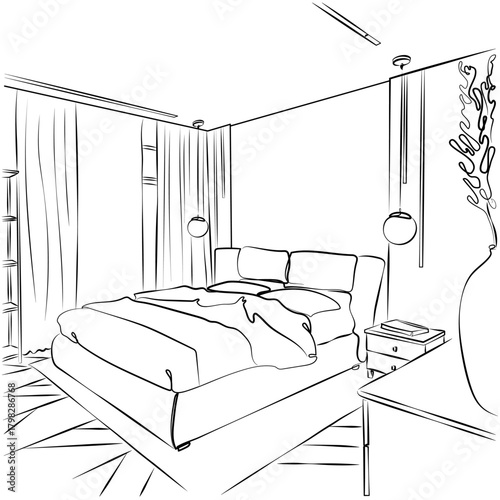 Interior doodle vector illustration. Outline sketch. Graphical drawing. Continuous one line drawing of double bed, stand with vase and plant. Modern furniture, cozy bedroom in simple line style.