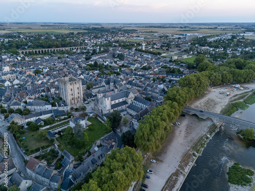 Photo aérienne de Beaugency en Val de Loire. Aerial photo of Beaugency in the Loire Valley.