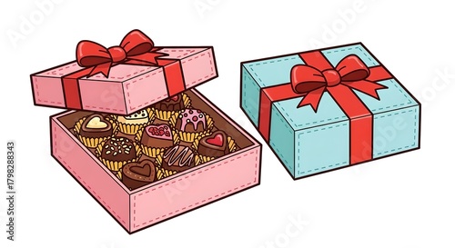 Colorful cartoon bonbon box set featuring open and closed versions with pralines, ribbons, and clean vector style.