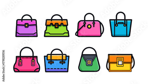 Colorful Fashion Handbags and Purses Flat Line Icon Set: Modern Accessories, Shoulder Bags, Totes, and Crossbody Bags for Retail and Luxury Concepts