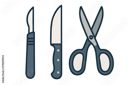 Illustration of surgical instruments including a scalpel, knife, and scissors arranged on a clean background, suitable for medical, healthcare, and surgical themes.	