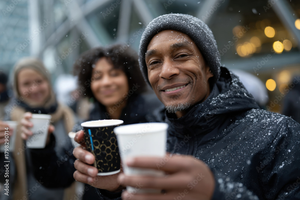 Obraz premium A smiling man holds cups of coffee while surrounded by friends in a snowy outdoor setting, capturing the essence of warmth and joy during winter festivities.