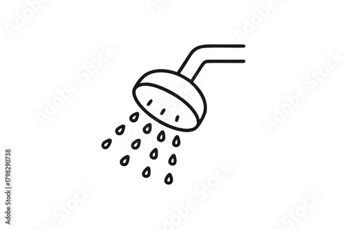 A minimalist outline icon illustration of a shower head with water drops flowing downwards, isolated on a clean white background. Perfect for bathroom, cleaning, and hygiene related projects.	
