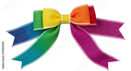 Rainbow burlap ribbon bow knot on a transparent background.