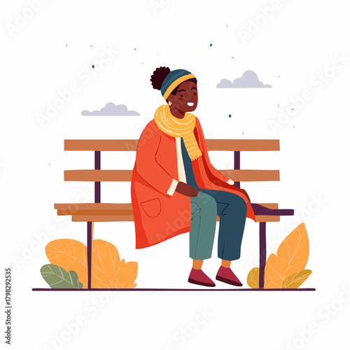 Vector Illustration of a Happy Woman of African Descent in Autumn Attire Seated on a Park Bench