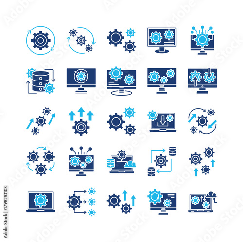 Operation system icon set collection. Containing performing, operation, cog, intelligence, monitor, news, gears .Solid vector icons collection