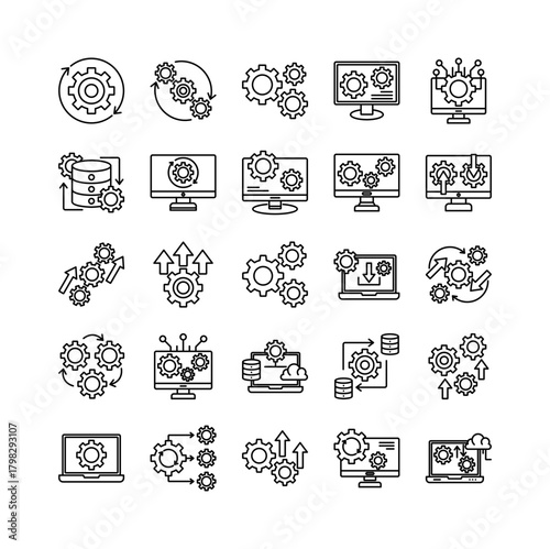 Operation system icon set collection. Containing performing, operation, cog, intelligence, monitor, news, gears .Line vector icons collection