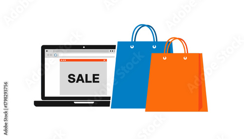 Online shopping concept with laptop and shopping bags for an e-commerce sale banner or promotion