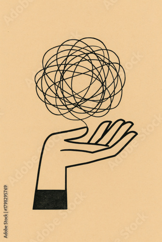 A stylized hand cradles a chaotic swirl of lines, symbolizing complex thoughts, mental burden, or the weight of intricate ideas.