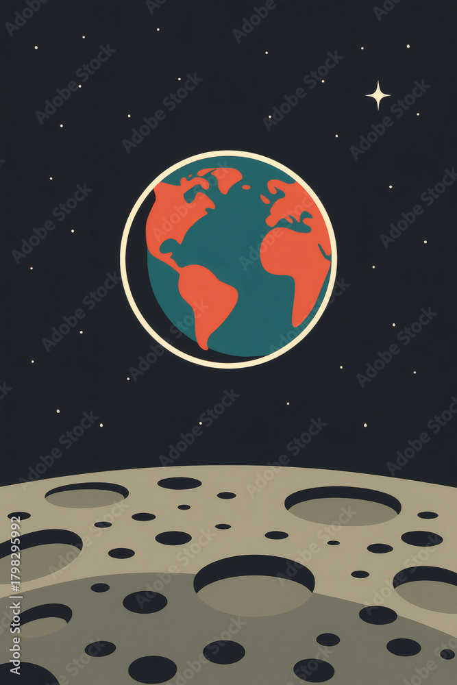 Fototapeta premium A minimalist illustration shows Earth rising over the Moon, set against a starry night sky, evoking space exploration and cosmic perspective.