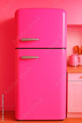 A vibrant pink refrigerator stands in a matching kitchen, adding a bold and playful touch to the cooking space with its retro design.