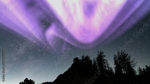 Celestial Dance Aurora and Starry Sky Above Mountain Forest Loop