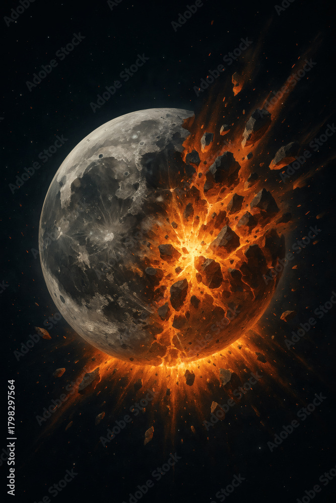 Obraz premium Fiery Celestial Disruption: A planet undergoing catastrophic fragmentation, spewing molten debris against a backdrop of starry cosmic dust.
