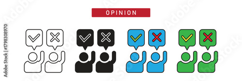 Opinion and Survey Icon: People Raising Hands with Checkmark and Cross Symbols.
