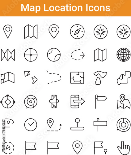 
Navigation and location pin icons set, GPS map pointer, global direction symbols
