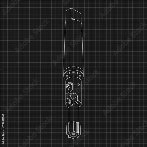 Mechanical engineering drawings. Tap tools, borer. Technical Design. Cover. Blueprint. Step Cutting Tool with Countersinking Function. Technical 3D Vector Illustration