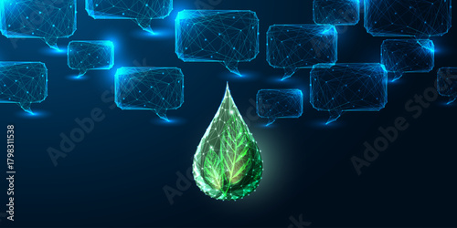 AI biofuel and eco energy concept with glowing green leaf inside drop and chatbot conversation icons