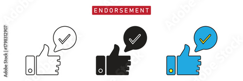 Endorsement Icon: Thumbs Up Hand with Checkmark in Speech Bubble, Approved Recommendation Symbol.