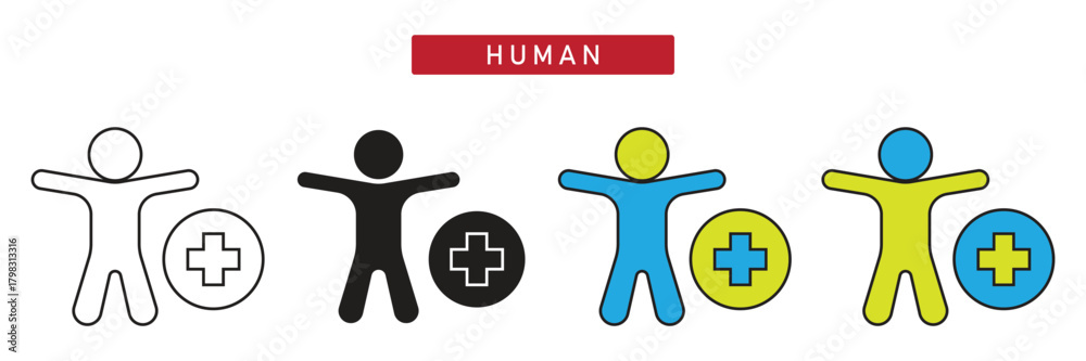 Fototapeta premium Human Health Icon: Person Symbol with Medical Plus Cross, First Aid and Care Symbol.