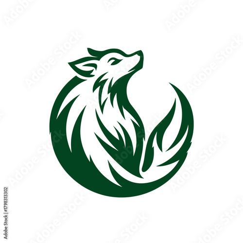 Strong Green Wolf or Fox Head Illustration Emblem in a Circle, Abstract Forest Animal Design, Nature Power Symbol
