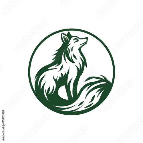 Elegant green fox illustration in a circular frame, stylized wild animal graphic design with a proud, upward gaze