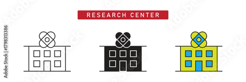 Research Center Building Icon: Science, Technology, Education, and Medical Headquarters Symbol.