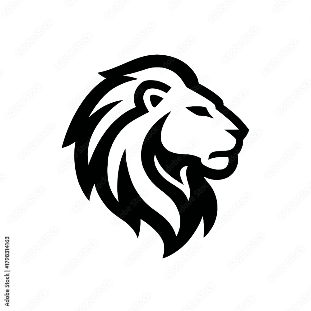 Fototapeta premium Stylized lion head profile illustration in black and white, depicting strength, power, and leadership for a regal animal symbol design.