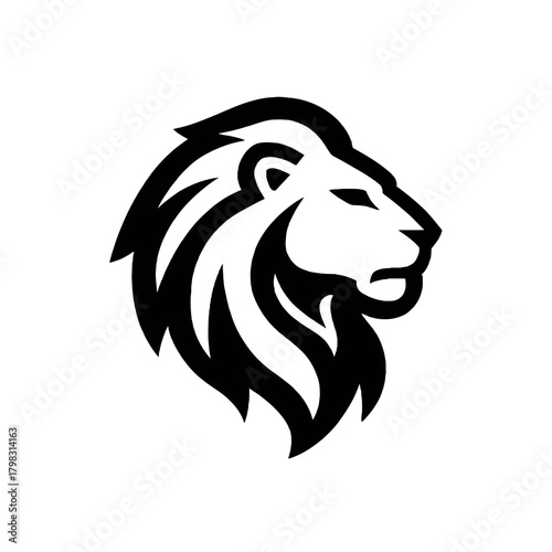 Stylized lion head profile illustration in black and white, depicting strength, power, and leadership for a regal animal symbol design.