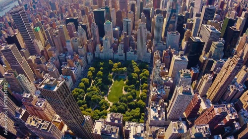 Aerial View of Central Park Surrounded by Manhattan Skyscrapers