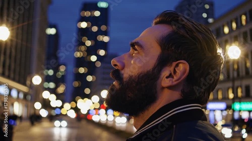 Contemplative Man Gazes at City Lights at Dusk