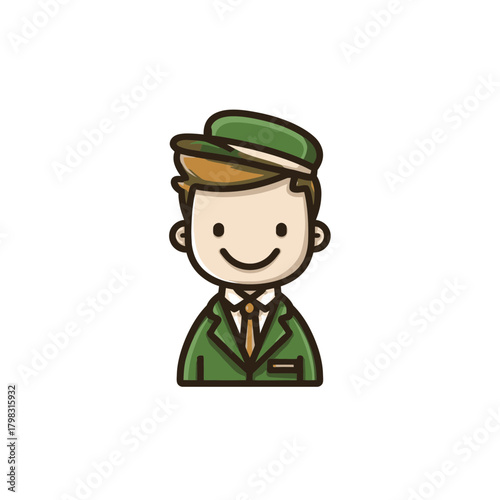 Smiling cartoon man avatar wearing a green uniform and cap, professional service worker character illustration, friendly staff icon