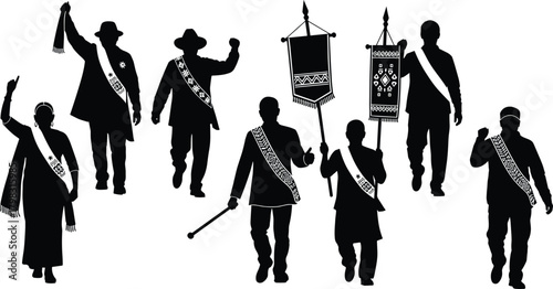 Ceremonial procession silhouette illustration, symbolic cultural identity and expressive unity graphics for design and education