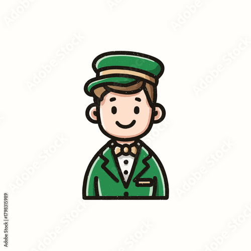 Friendly cartoon man in a green uniform, depicting a professional concierge, bellhop, or service staff illustration.
