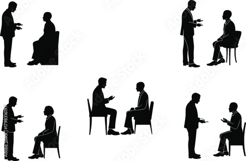 Consultation silhouette illustration, symbolic interpersonal communication and expressive dialogue graphics for design and education