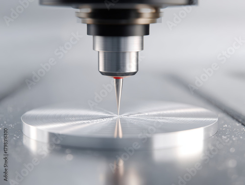 CNC machine engraving fine details onto titanium disc, precision engineering, metallic surface, industrial technology