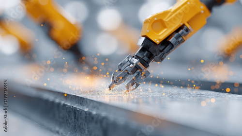 Close up of robotic arm welding steel panel with sparks, industrial automation, technology, precision, and innovation in factory