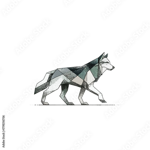Geometric wolf illustration in polygonal style, walking. Abstract wildlife art with grey, blue, and green facets. Modern animal graphic.