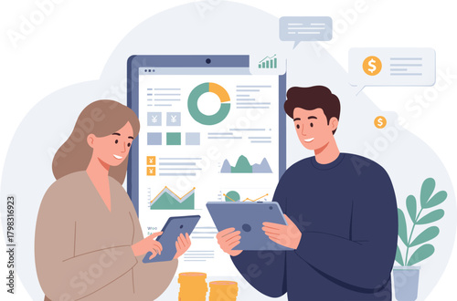 Financial data analysis cartoon illustration, symbolic investment strategy and global finance graphics for design and education