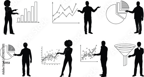 Data visualization silhouette illustration, symbolic analytical gesture and business intelligence graphics for design and education